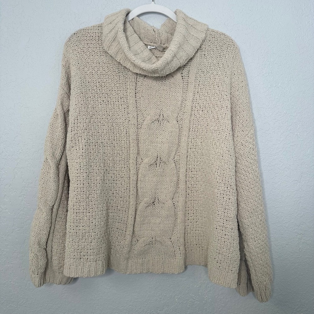 Seven7 Women's Beige Cable Knit Oversized Cowl Neck Sweater Large